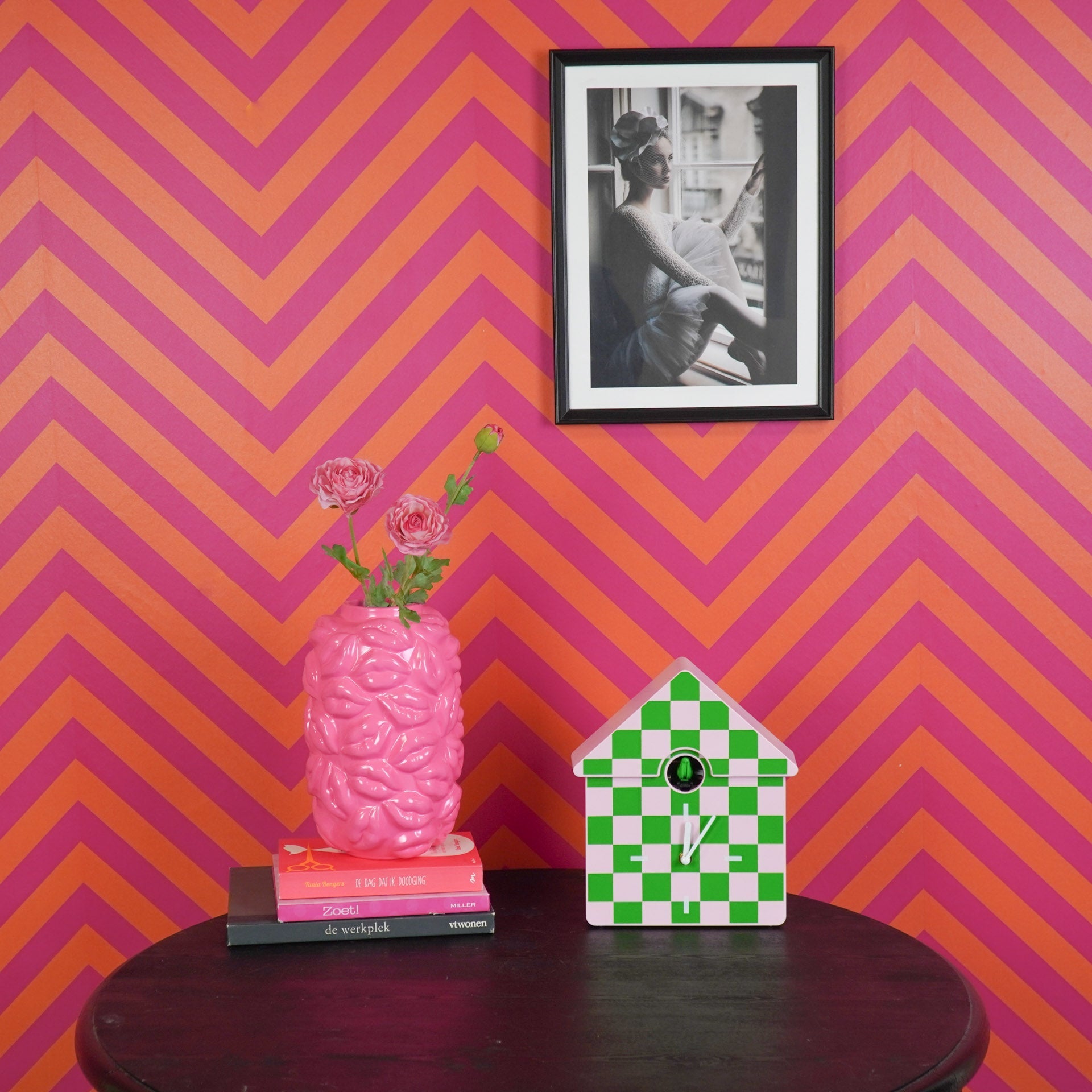 Seinakell Kägu - Mustriga - Roheline/Roosa - 24x27x9cm